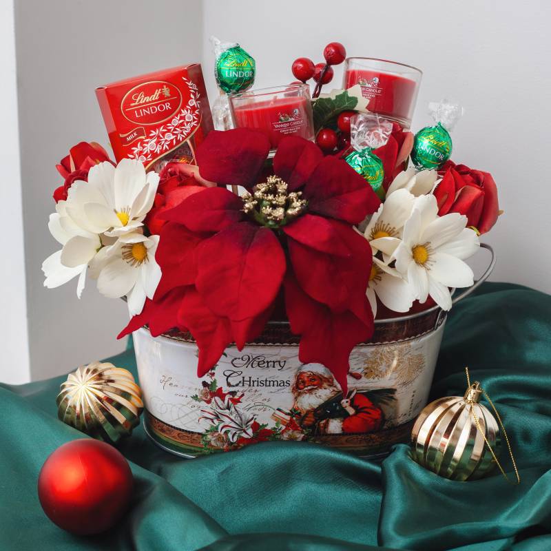 Christmas Silk Flower, Yankee Candle & Chocolate Metal Planter Bouquet